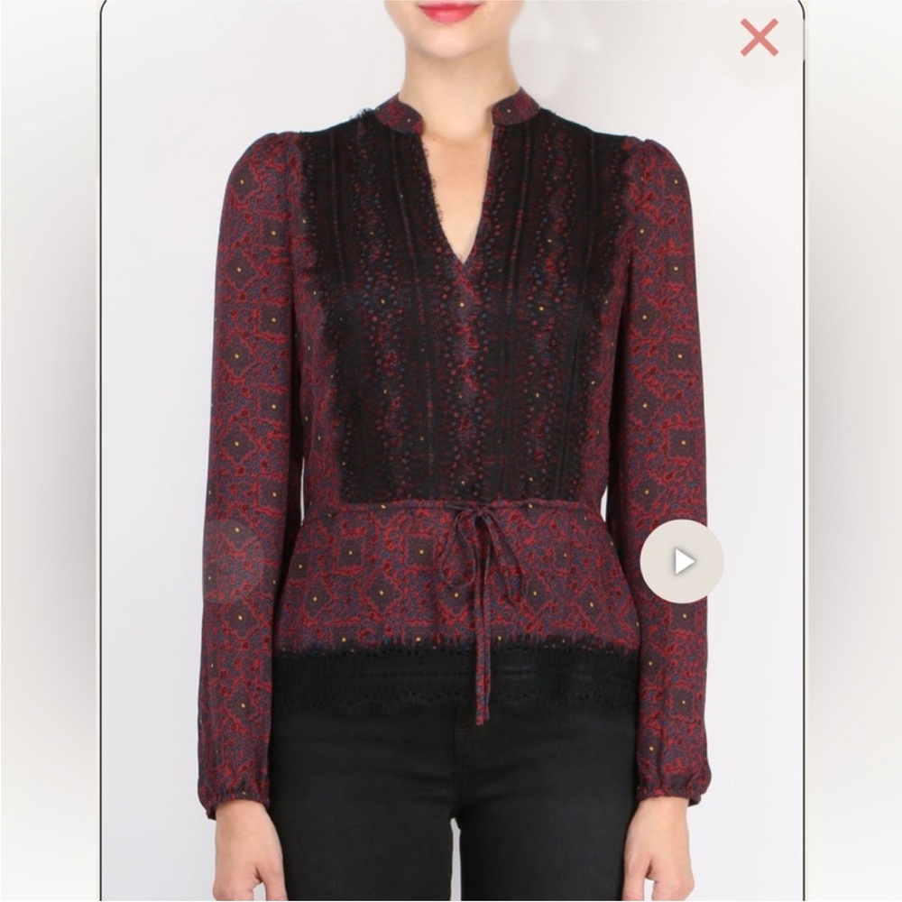 Veronica Beard Red and Black Printed Long-Sleeve Blouse